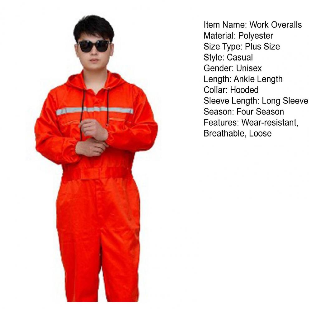 Unisex Work Overalls Hooded Drawstring Wear-resistant Reflective Zipper Work Clothes Loose Pockets Safety Worker Coveralls