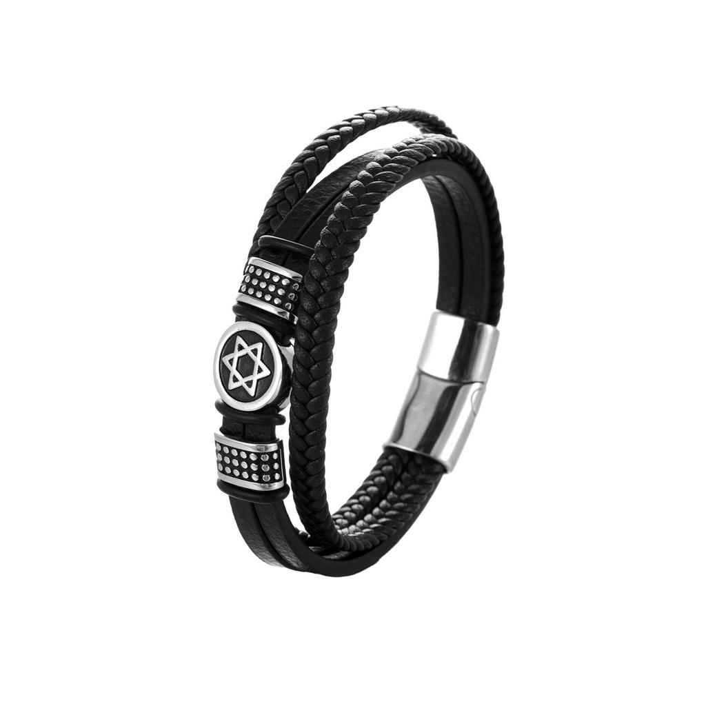 Men's Multi-layer Leather Bracelet with Magnetic Clasp & Hexagram Charm