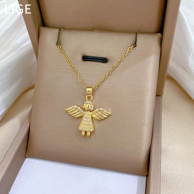 Engel Kleines Mädchen Leichter Luxus Temperament Wunderschöne Voll Diamant Halskette Damen Vielseitige Schlüsselbeinkette Titanstahlkette