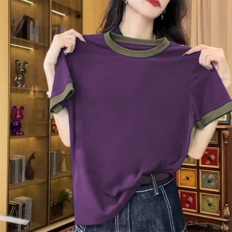 Cotton Contrast Color Short sleeve T-shirt Women Summer New Western Style Casual All-matching High Quality Patchwork Color Matching Bottoming Shirt