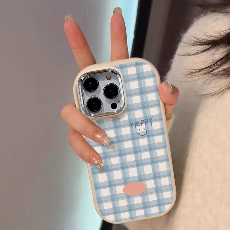 

Blue plaid smiley face phone case is suitable for iPhone 16 15 14 13 12 11 Pro/ Max/Plus anti-fingerprint shock-proof rear cover IPHONE14