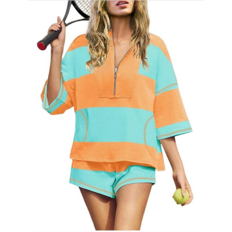 Schwarz-Weiß Colorblock Halbreißverschluss 3/4 Ärmel Oberteil & Shorts 2-teiliges Set