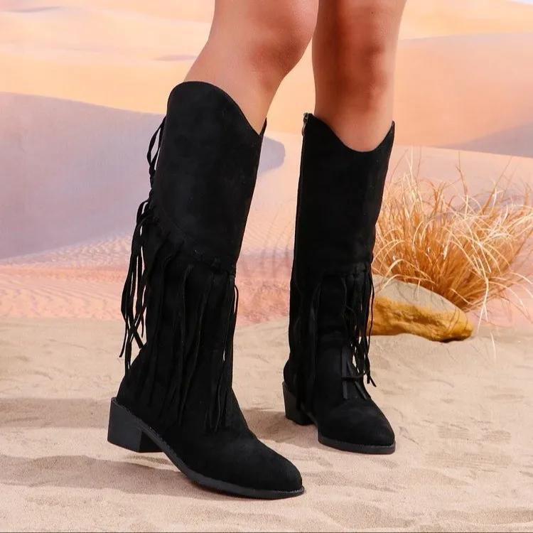 Damen Mode Fransen Hohe Stiefel Wildleder Absatz Schuhe 2024 Trend Neue Gladiator Motorradstiefel Herbst Winter Goth Pumps Schnee Botas