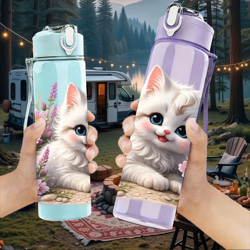 1PC Kitten Cat With Pink Floral Print 750ml Color Plastic Sports Water Bottle Leakproof Flip Straw Lid Suitable for Sports Office Home Use