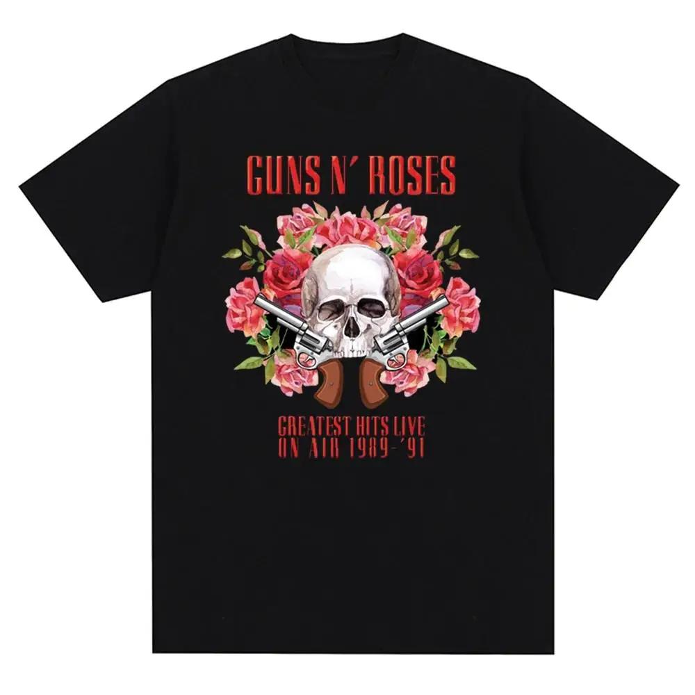 

Gun and Rose Pattern Printed T-shirt, Retro Rock Band Streetwear, Summer Printed Pure Cotton Harajuku Retro Short-sleeved 4XL