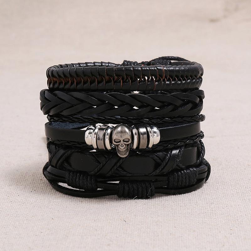 Hot Selling Punk Style Vintage Leather Bangle Set Handmade Mens Bracelets with Skull Accessories Fashionable Jewelry Accessory