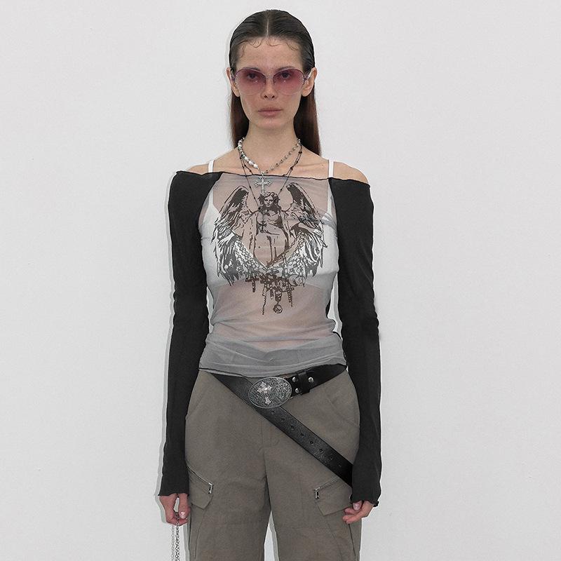 Y23TP642 Europäisch-Amerikanisches Mesh-Strick Ein-Schulter Print Durchsichtig Damen Top.