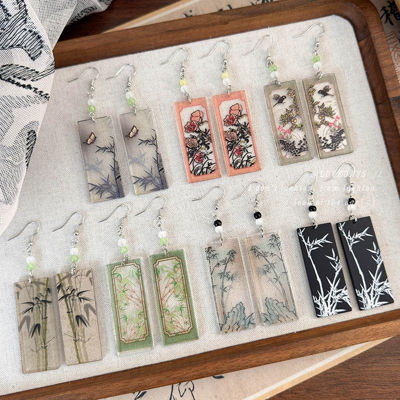 Peony & Bamboo Long Retro Earrings: Chinese Style Creative Acrylic Hooks for Women