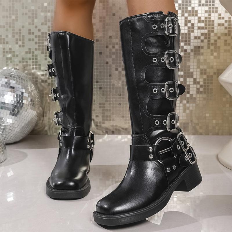 Fashion Fashion Buckle Strap Midi-Calf Boots for Women Autumn Winter Brown Rivet Wedges Boots Woman Plus Size Pu Leather Botas Mujer