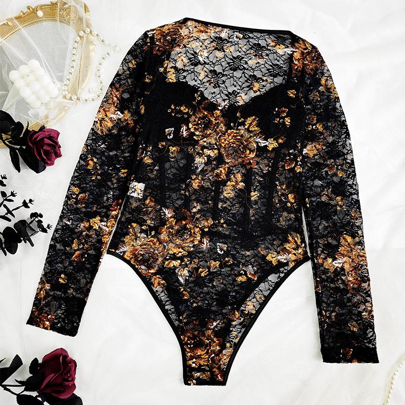 Retro Floral Lace Long Sleeve Underwire Bodysuit