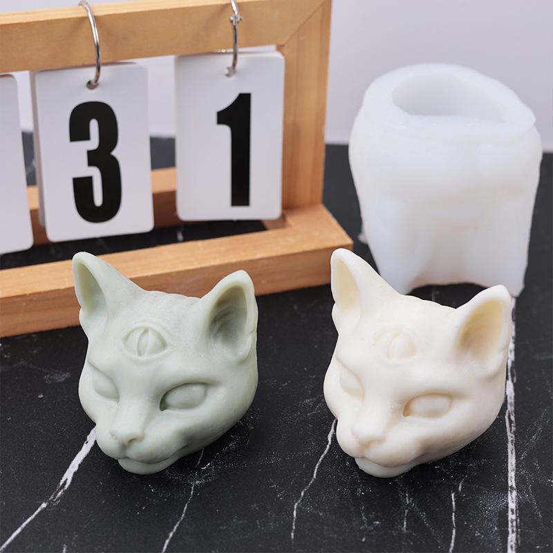 3D Evil Three Eyes Cat Head Silicone Candle Mold Creative Lying posture Aromatherapy Cat Mold DIY Baking Home Decoration Gift
