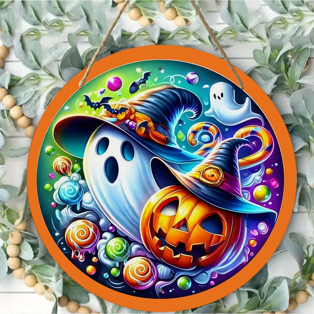Colorful pumpkin and ghost pattern round wooden hanging plaque indoor outdoor wall art decor farmhouse halloween party home ornament gift