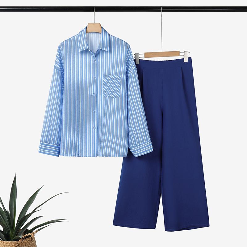 

ZANZEA Women Long Sleeve Stripe Blouse and Pants Casual Two Piece Sets M синій
