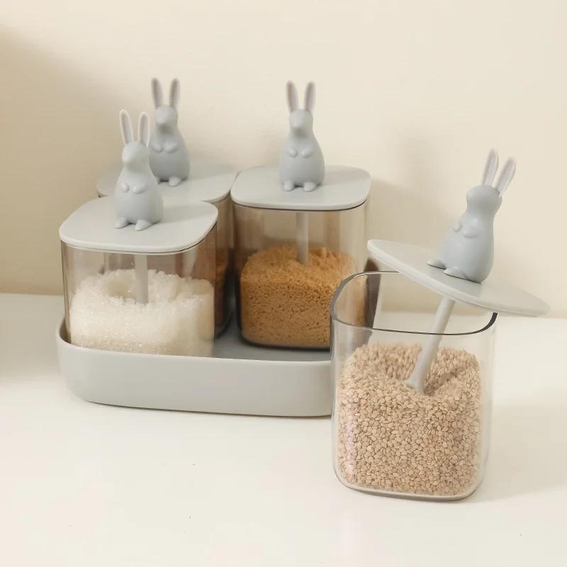 Kitchen Seasoning Jar Box Seasoning Case Sugar Bowl Cartoon Rabbit/Mouse Spoon Cover Animal Condiment Bottle Combination Set