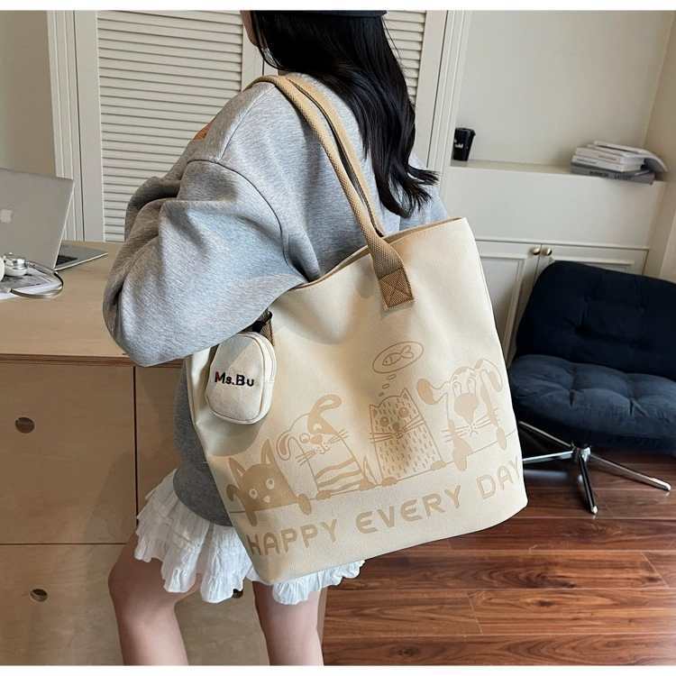 

Large-capacity Canvas Bag Cute Cartoon Shoulder Traveling Commuting Tote 39x16x33 single package хакі