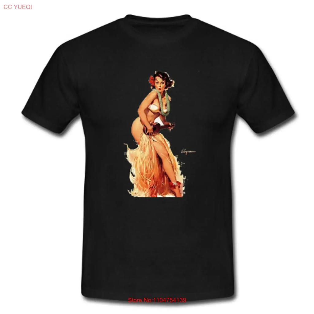 Unisexs Retro T shirt Vintage Hawaiian Hula Girl Ukelele Pinup Hawaii Hawai 50s vintage Washed Casual fashion homme