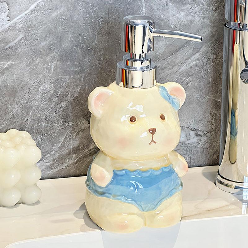 Soap Dispenser Creative Ceramic Bear Lotion Bottle for Household Bathroom Hand Sanitizer Dispensing Bottle with Press Button