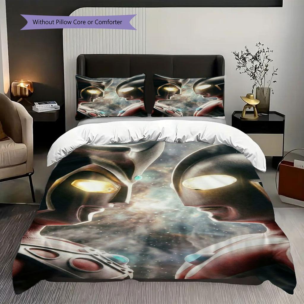 3pc Ultraman cartoon print unbleached bed sheet set(1*Duvet Cover + 2*Pillowcase, Without Core), for bedroom bedding decoration