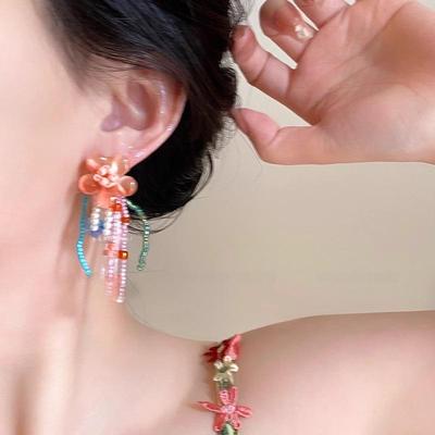 Glazed Small Flower Fringed Beaded Stud Earrings, Fairy Fairy Vacation Mori Niche Earrings, Earrings Suitable for Square and Round Faces