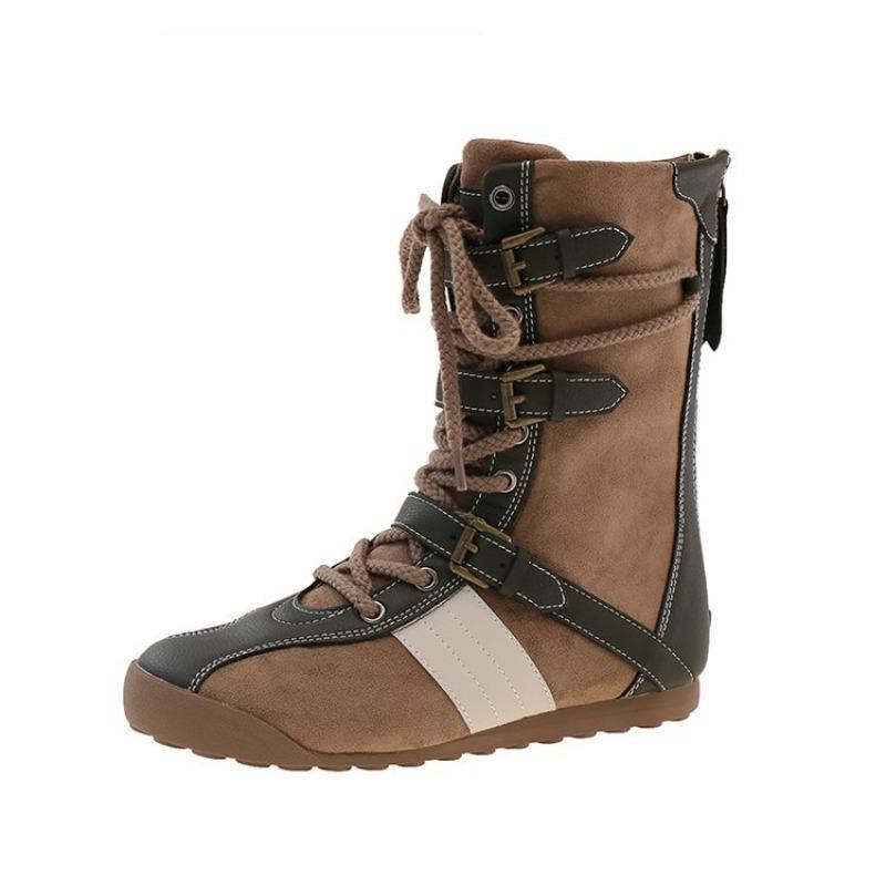 Fashion Thick Soled Contrasting Color Boxing Boots for Women,winter New Retro Lace Up Short Boots with Belt Buckle High Top Casual Boots