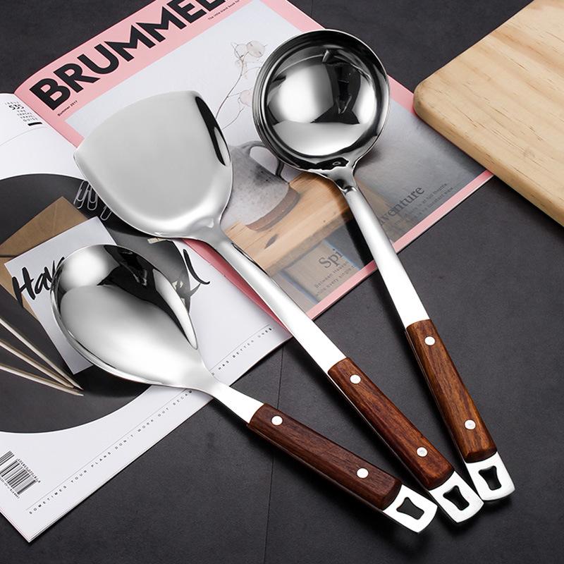 Rosewood Stainless Steel Kitchen Utensil Set: Long-Handled Spatula, Frying Spatula, Thickened Soup Ladle, Slotted Spoon, and Cooking Spoon.