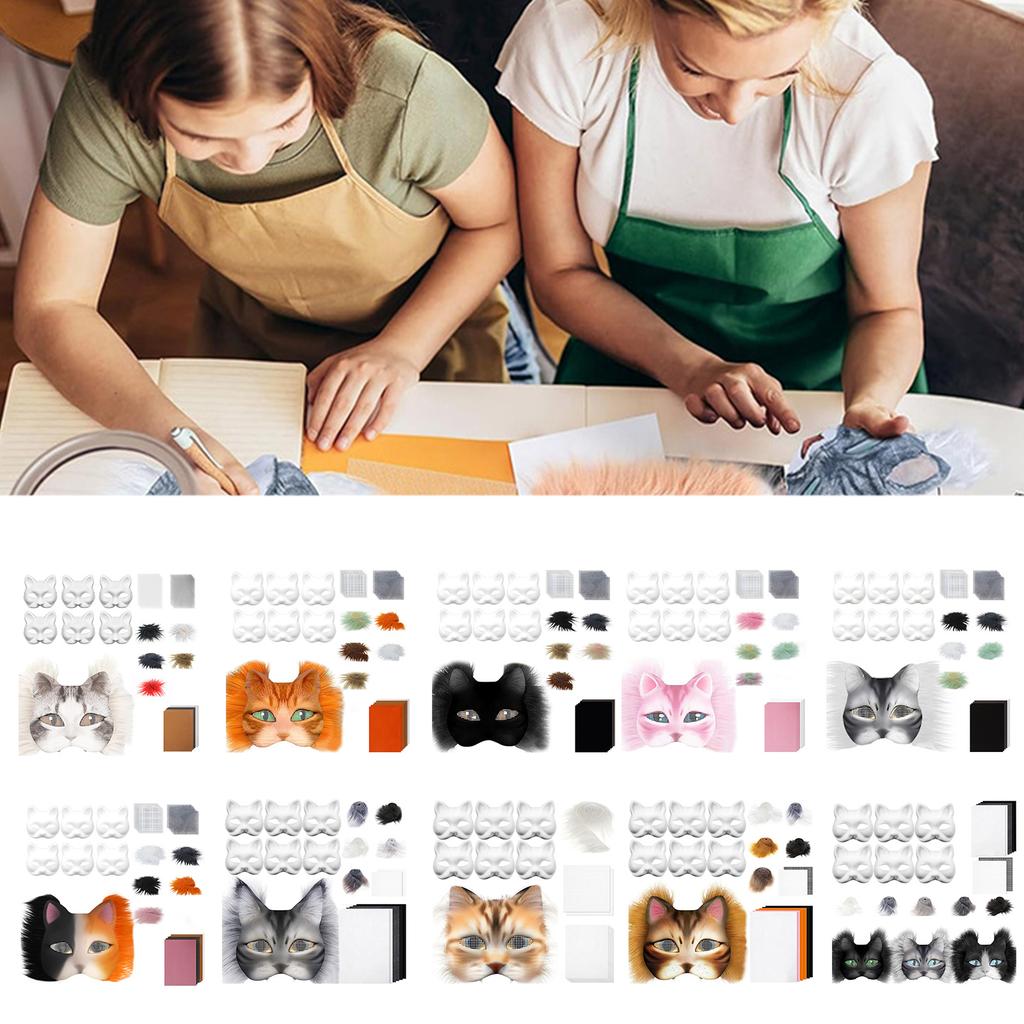 Lustiges Therianer Masken-Set Katzen Füchse Maske mit Fellen Augennetzen DIY Pelzige Tiermaske zum Bemalen für Halloween Cosplay Party