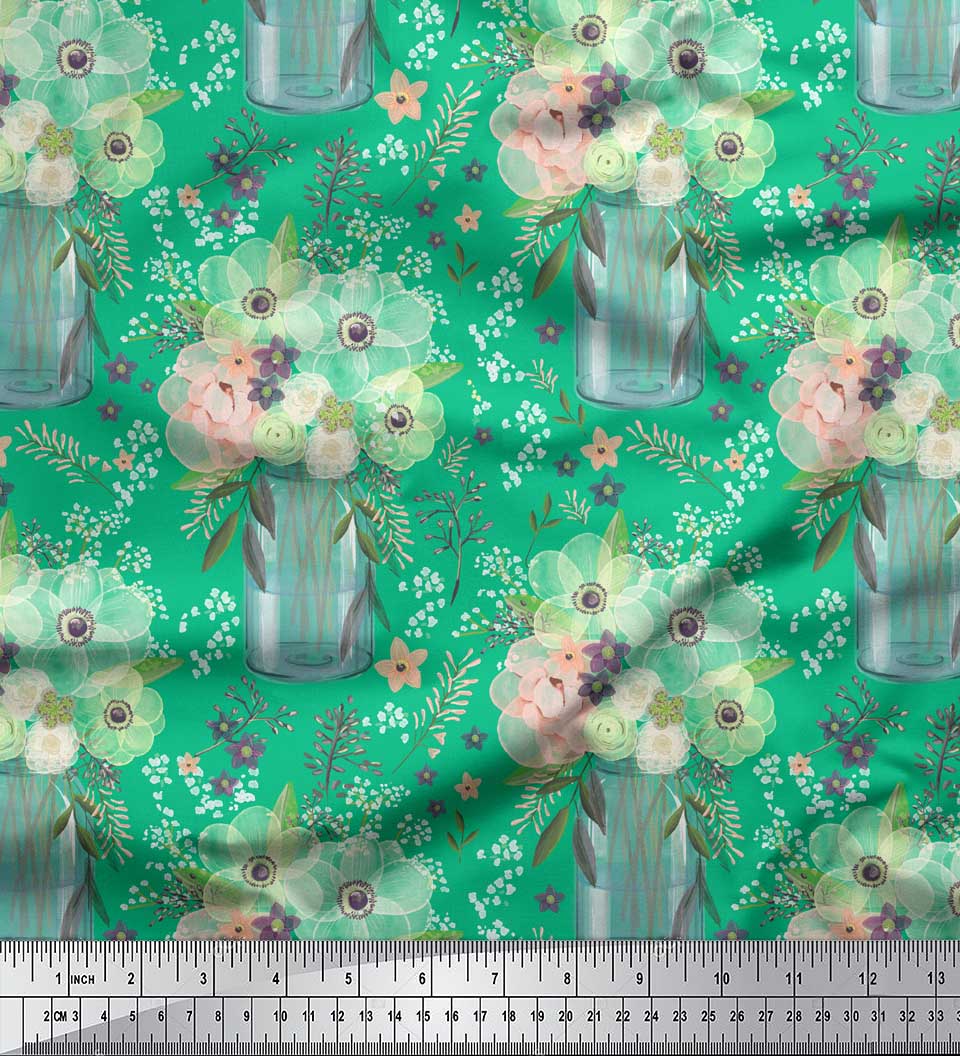 

Зеленый японский креп-сатин Soimoi, ваза для бутылок и ткань с цветочным принтом анемоны, 42 дюйма по метрам 42 Inch Wide - Cotton Voile зелёный