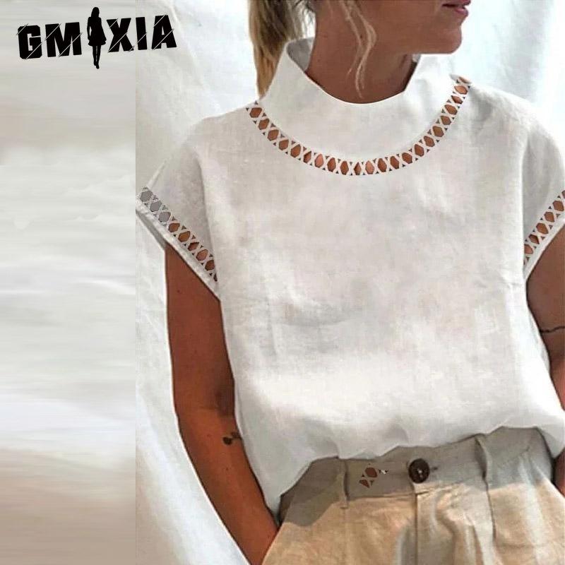 GMXIA Women's Fashion Casual Solid Color Print Short Sleeve Blouses & Shirts
