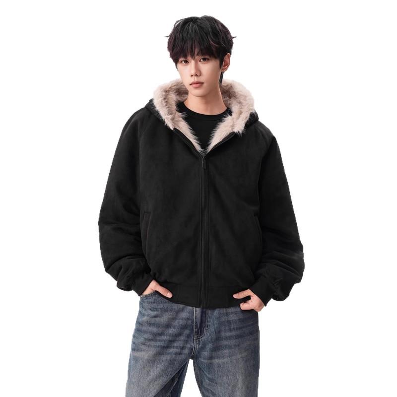 Unisex Winter Hooded Cotton Puffer Jacket With Faux Suede Collar Fleece Lining Oversized Fit