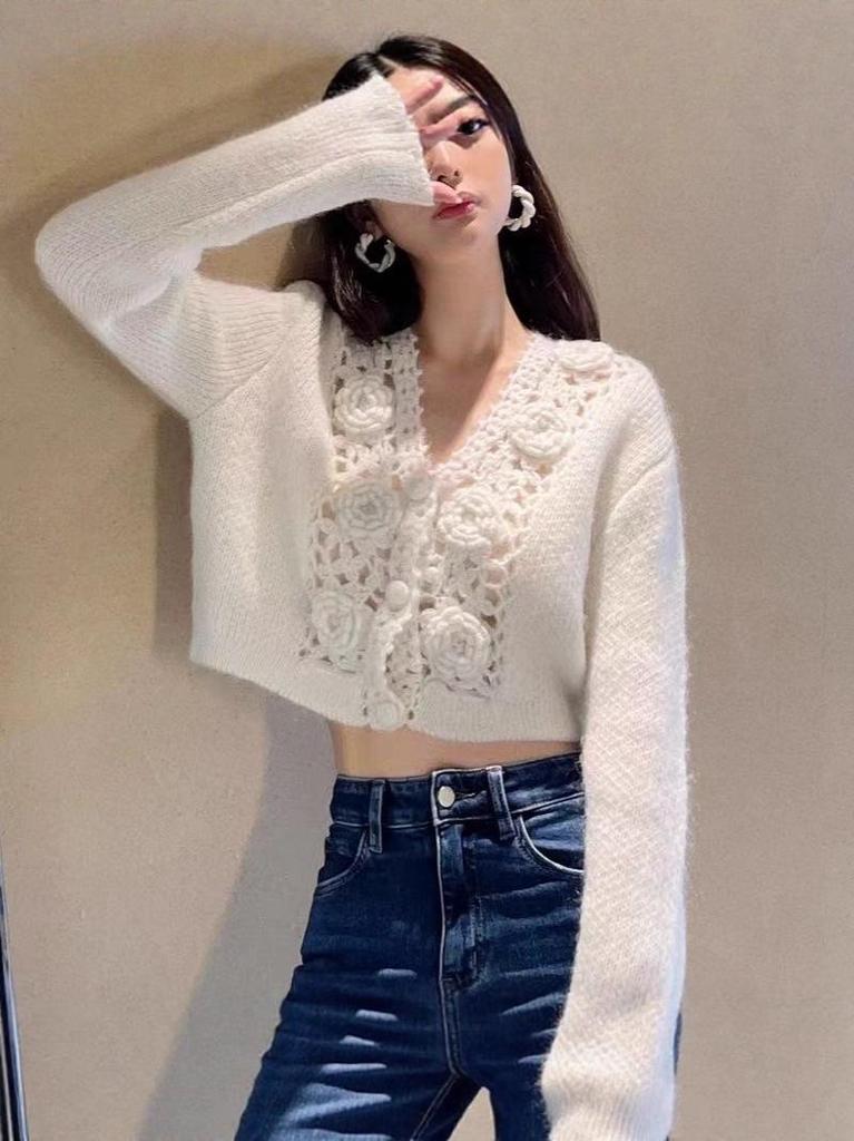 Korean Style 3D Rose V-Neck Wool Cardigan Sweater for Women