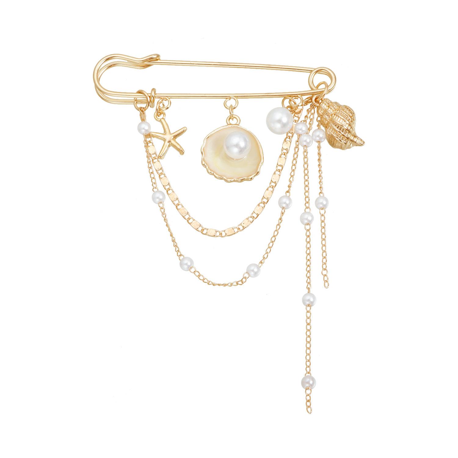 

European and American jewelry summer conch shell starfish point diamond pearl brooch clothing women s functional pin accessories