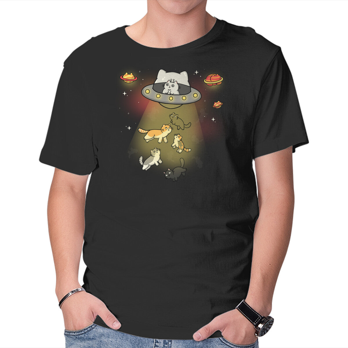 Unisex Crew Neck T-Shirt UFO Meow Graphic Short Sleeve Casual Tee L