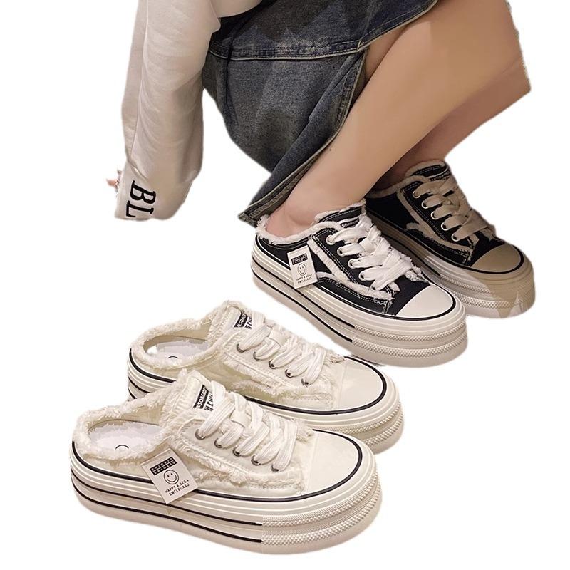 Baotou Slippers Women's Summer Wear 2025 New Canvas Shoes Without Heel Versatile Lazy Half Drag Thick Soles Ins Tide