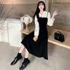 Spring and Autumn Temperament Fake Two Piece Skirts Academy Style Long Sleeve Medium Length Waist Slim Shirt Dress