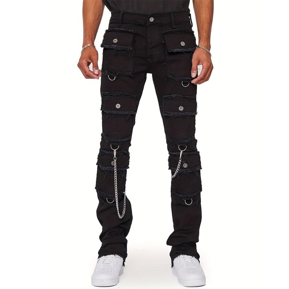 New Men s Straight-Leg Jeans: Street-Style Stretch Workwear Jeans with Ripped Details, Chains, and Multiple Pockets S чёрный
