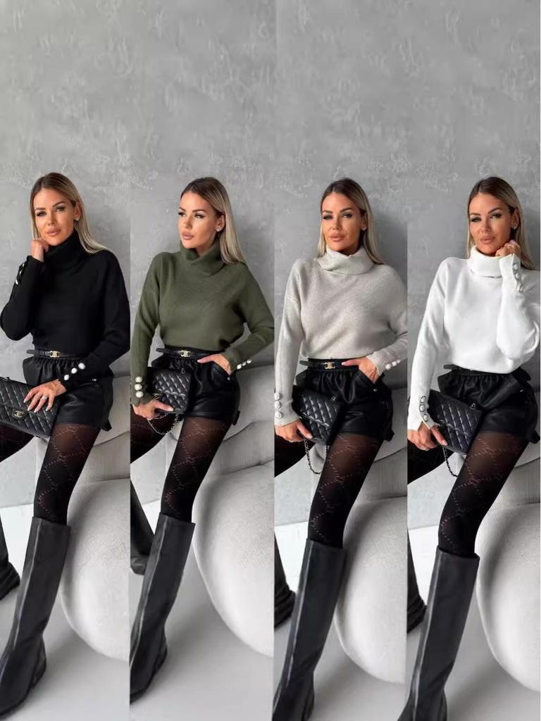 Autumn/Winter High Neck Striped Buttoned Cuff Solid Casual Knit Sweater