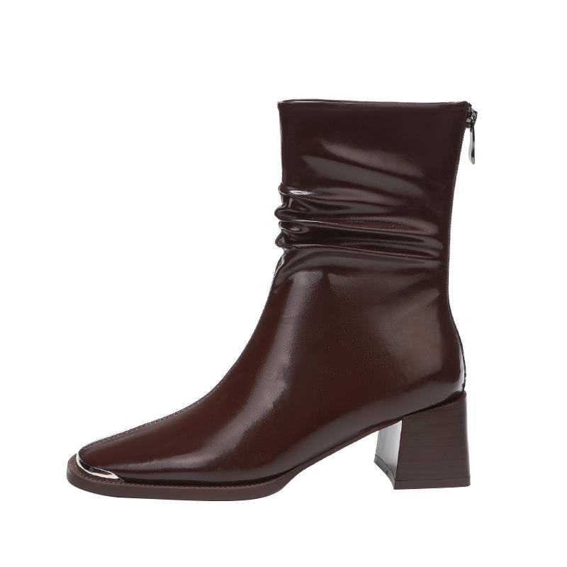 BEIJIANI 5598-6 Women's Retro Pleated Square Toe Chunky Heel Ankle Boots - Autumn/Winter Style