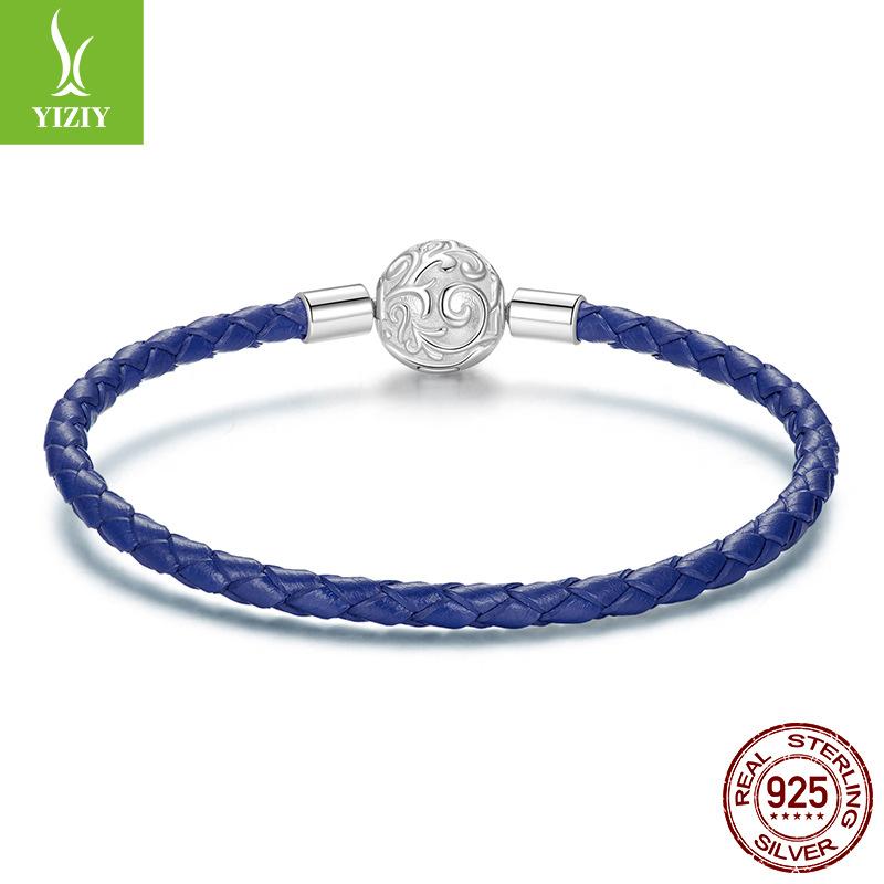 S925 Sterling Silver Roll Grass Pattern Button Head Basic Leather Rope Hand Rope, Retro Classic Leather Diy Bracelet