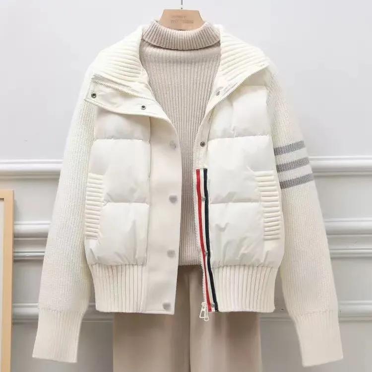 Manteau d'automne Hiver pour Femme Tricoté Manches Longues Assemblage Veste en Coton Parka Sport Loisir Femme Haut Court Vêtement d'Extérieur