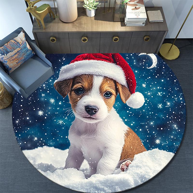 Christmas Puppy Round Area Rug,Carpet Rug for Living Room Bedroom Sofa Playroom Decor,Non-slip Floor Mat
