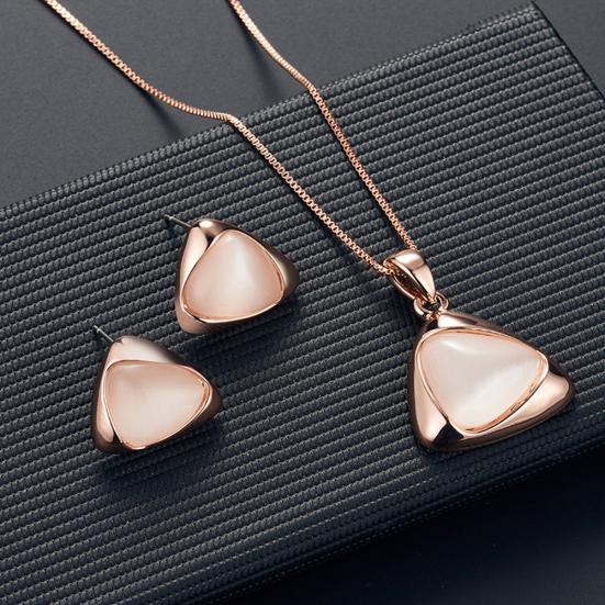 Women Faux Gemstone Triangular Pendant Necklace Ear Stud Earrings Jewelry Set