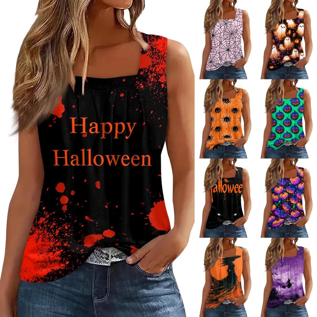 Women Sleeveless Tank Top Square Neck Ruffle Detail Halloween Print Casual Summer Vest Shirt for Daily Wear