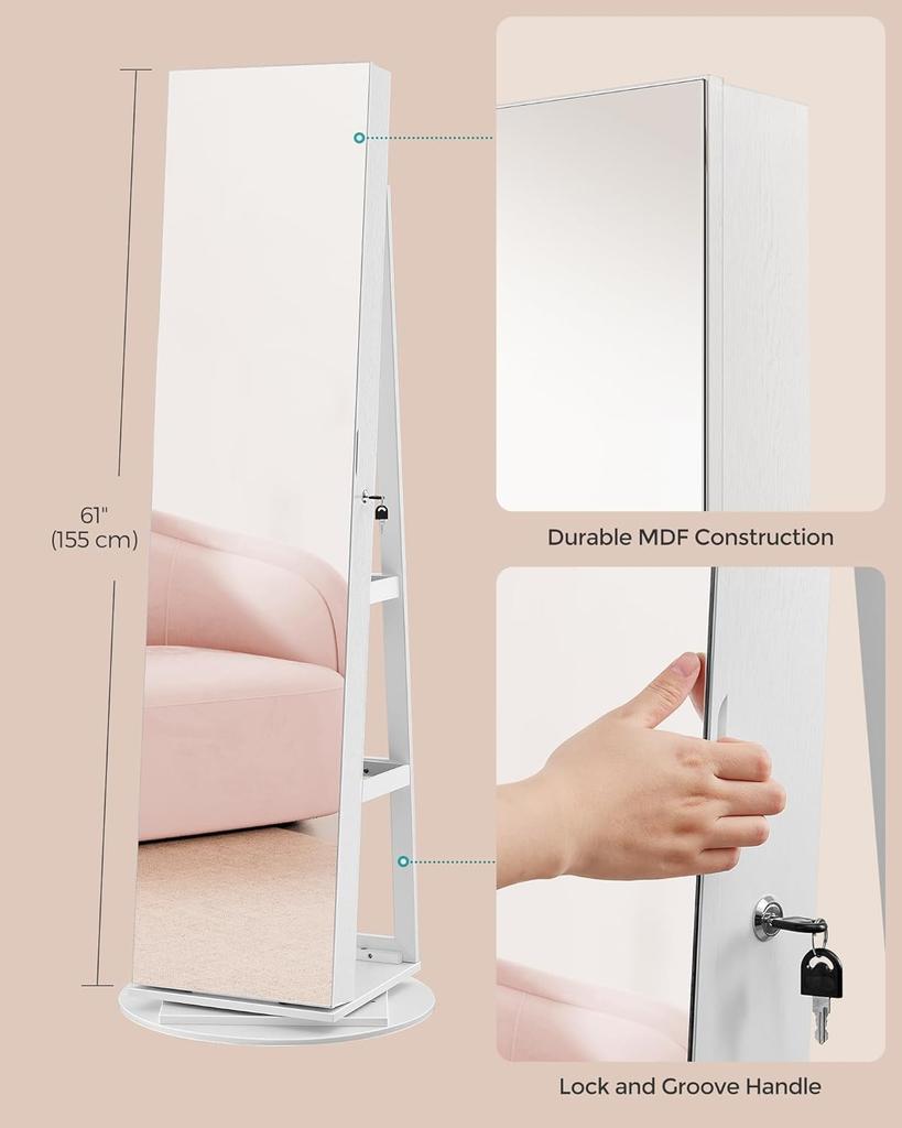 SONGMICS 6 LEDs Lockable Mirror Jewelry Cabinet, 360 Degrees Swivel Jewelry Organizer, Standing Jewelry Armoire, Frameless Full-Length Mirror
