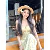 Summer Seaside Vacation Skirt French Waist Temperament A-word Long Dress Yellow Floral Suspender Dress Women's Clothing