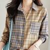 Fashion Printed Spliced Button Pockets Plaid Shirt Female Clothing  Spring and Autumn New Casual Tops Commuter Blouse