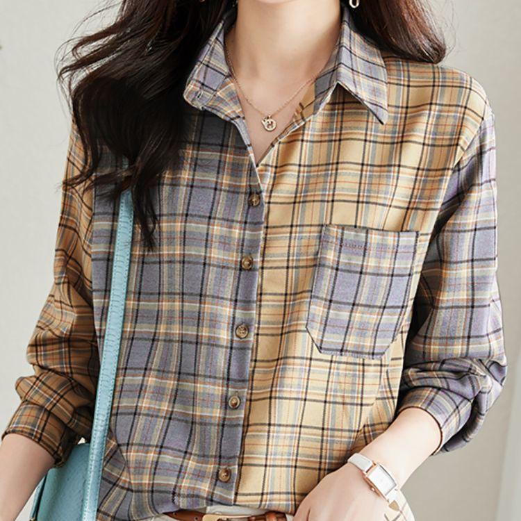 Fashion Printed Spliced Button Pockets Plaid Shirt Female Clothing  Spring and Autumn New Casual Tops Commuter Blouse