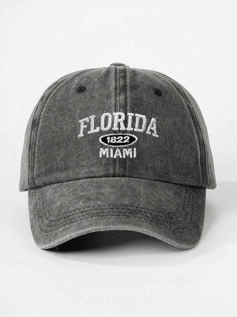 Washed Denim Baseball Cap With Florida 1822 Miami Embroidery Adjustable Outdoor Sun Hat