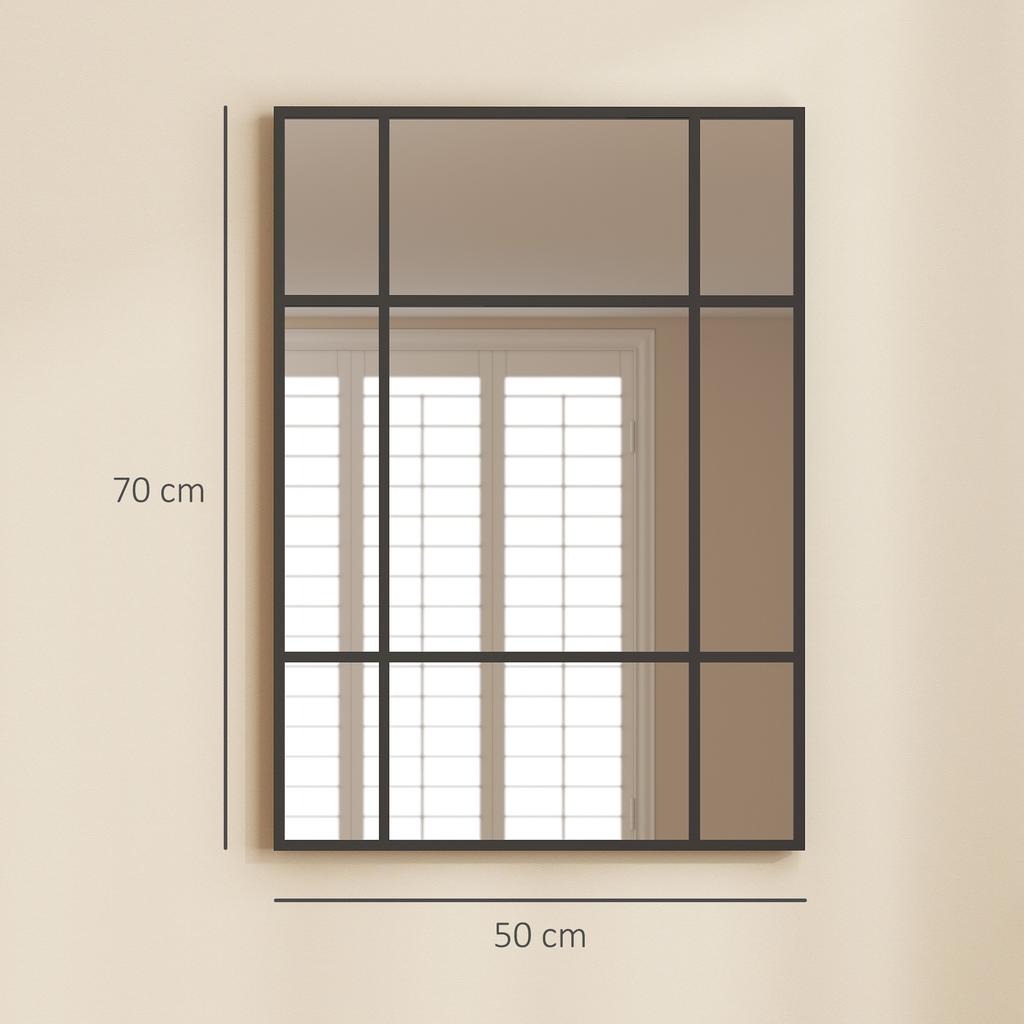 Wall Mirror, Rectangular Window Style, Horizontal/Vertical Mount, 4 Hooks, Black Metal, 50 x 70 cm