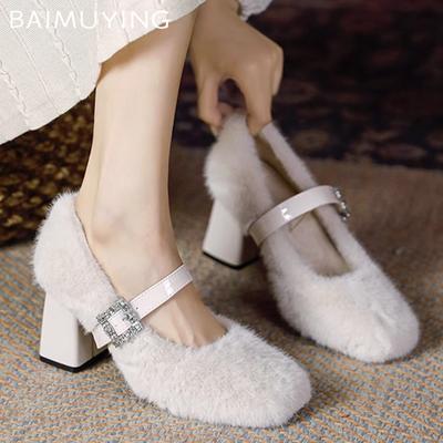 Sapatos Mary Janes rasos de pele para mulheres, fivela de cristal, sapatos de salto alto da moda, tendência 2025, elegantes, robustos, sapatos de inverno