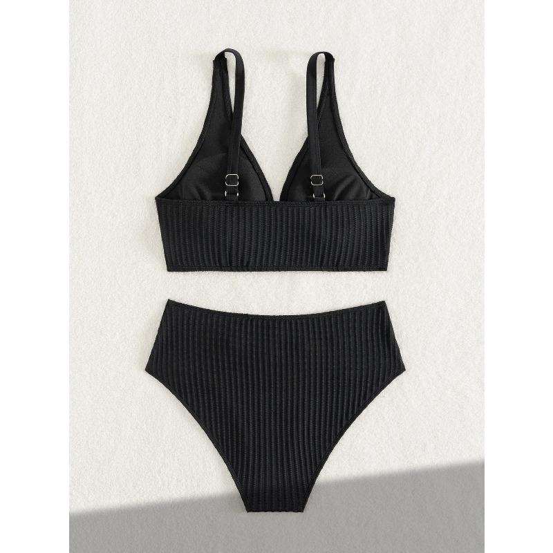 Sexy High Waist Bikini Set 2026 Women V Neck Ribbed Push Up Two Piece Swimsuit Summer Bathing Suit Holiday Swimwear Biquini